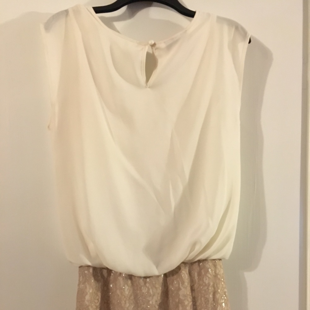 White blouse dress with tan skirt